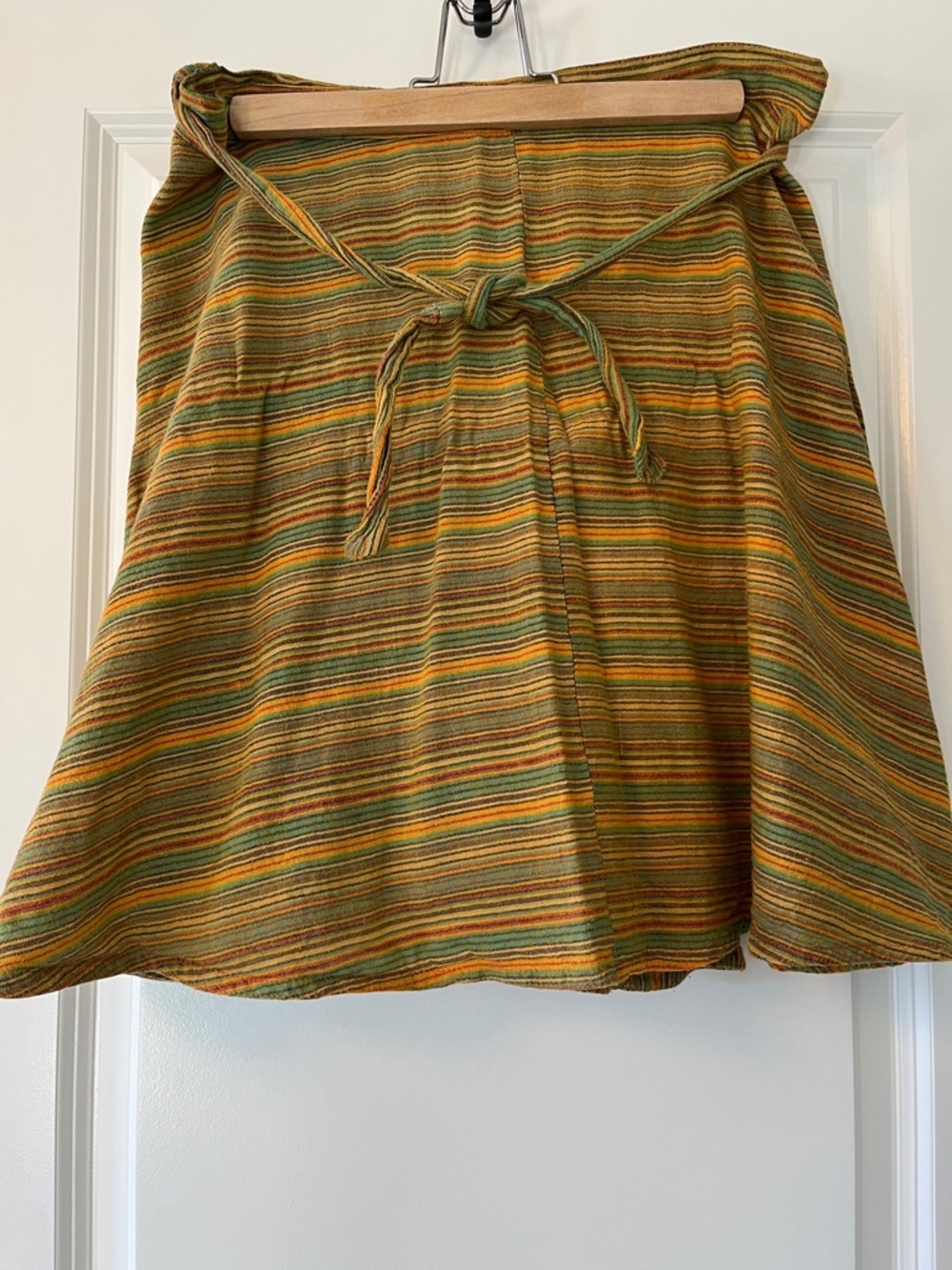Striped Tie-Waist A-Line Wrap Skirt in Gold Aqua &Orange Multi Diagonal Stripe
